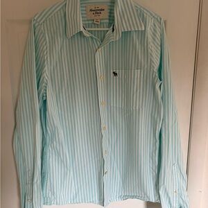 Abercrombie & Fitch Men's Aqua and White Striped Shirt